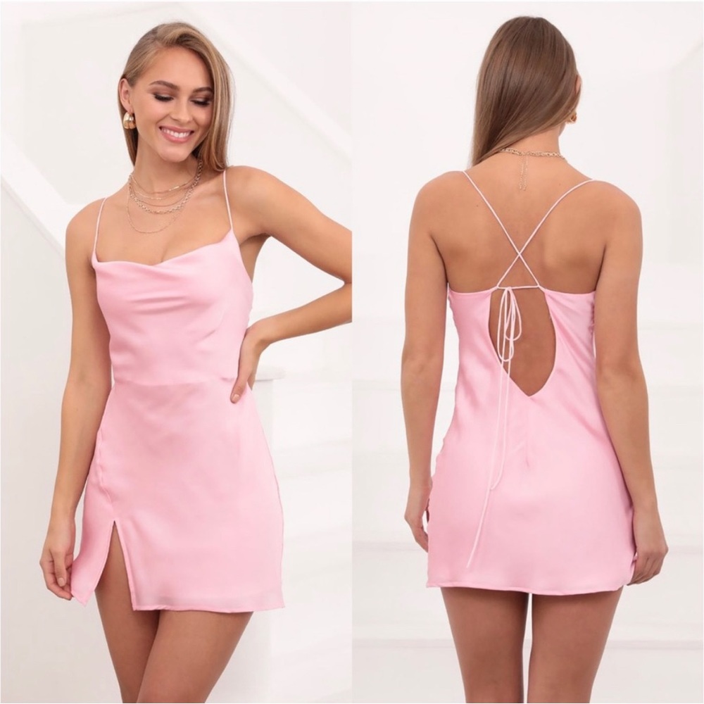 LUCY IN THE SKY Willow Satin Slit Cowl Dress in Pink